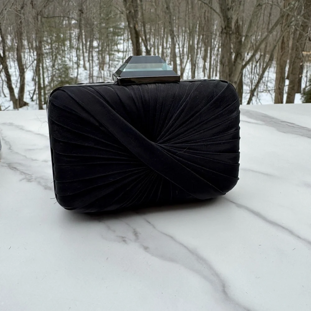 SONDRA ROBERTS Elegant Black Pleated Satin Clutch Evening Bag Chain